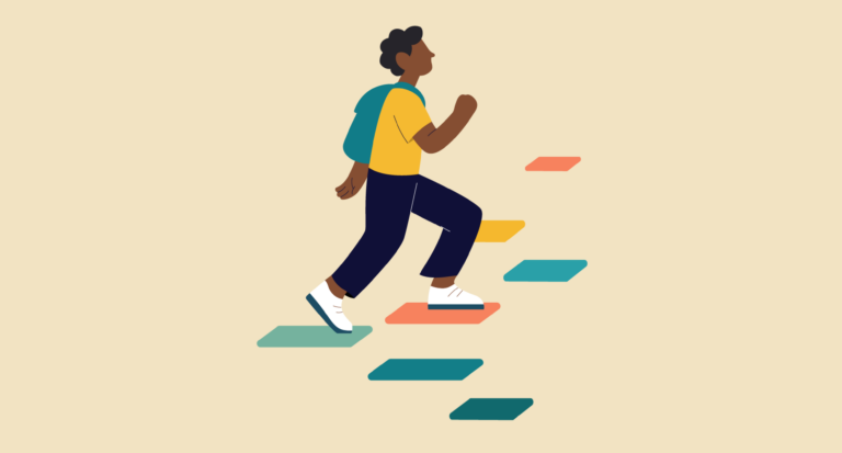 Illustration showing a man climbing up some colourful steps